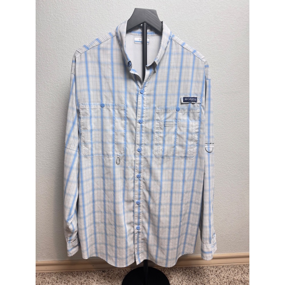 Columbia PFG Long Sleeve Fishing Shirt Mens Large Blue Plaid Vented V00114-100